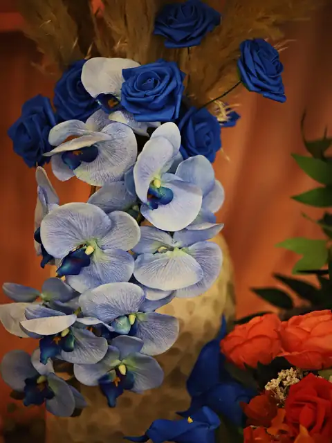 Pale blue orchids and royal blue roses with pampas grass and coral blooms against peach drapes